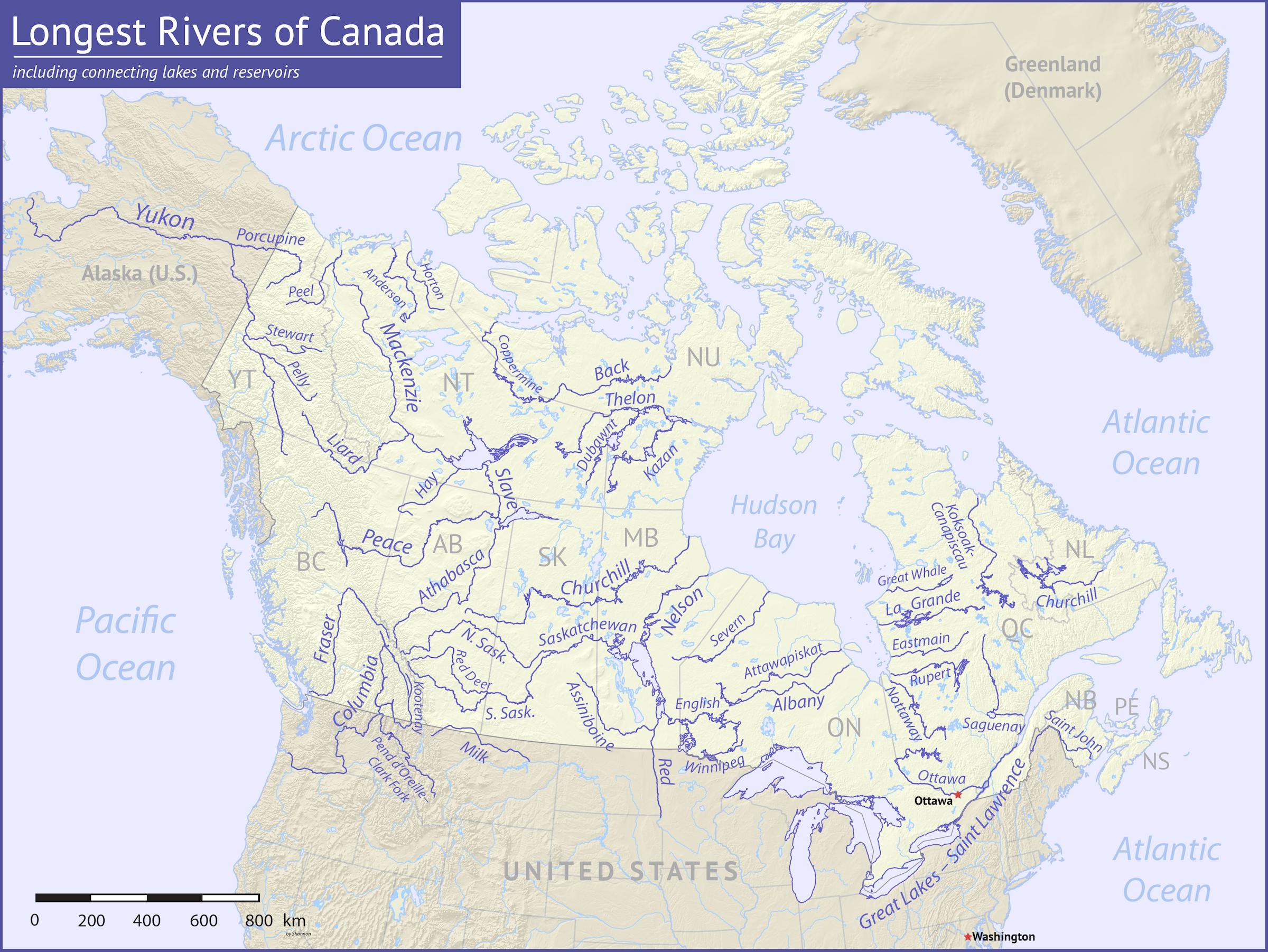 Крупные реки Канады на карте